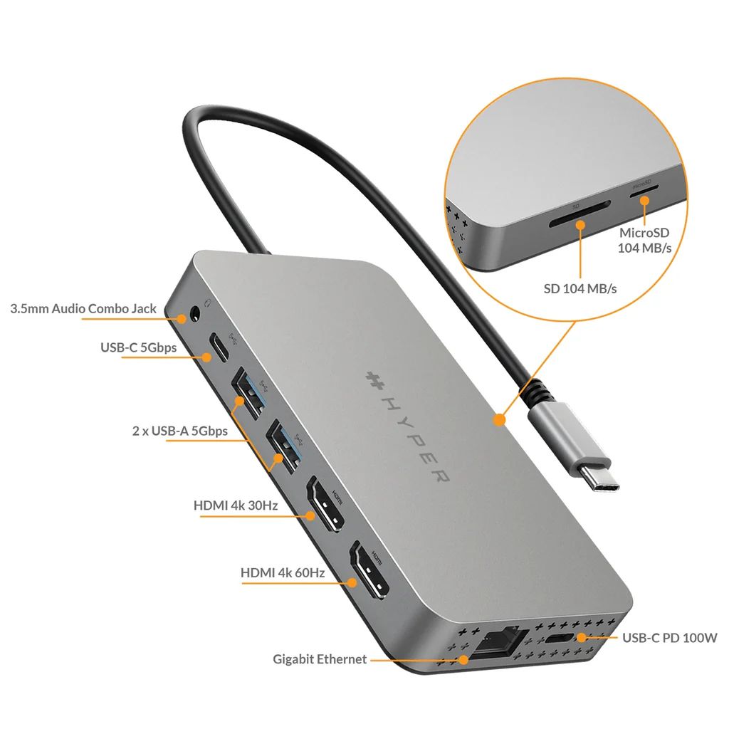 Targus HyperDrive Dual 4K HDMI 10-in-1 USB-C Hub For M1/M2/M3 MacBooks Silver
