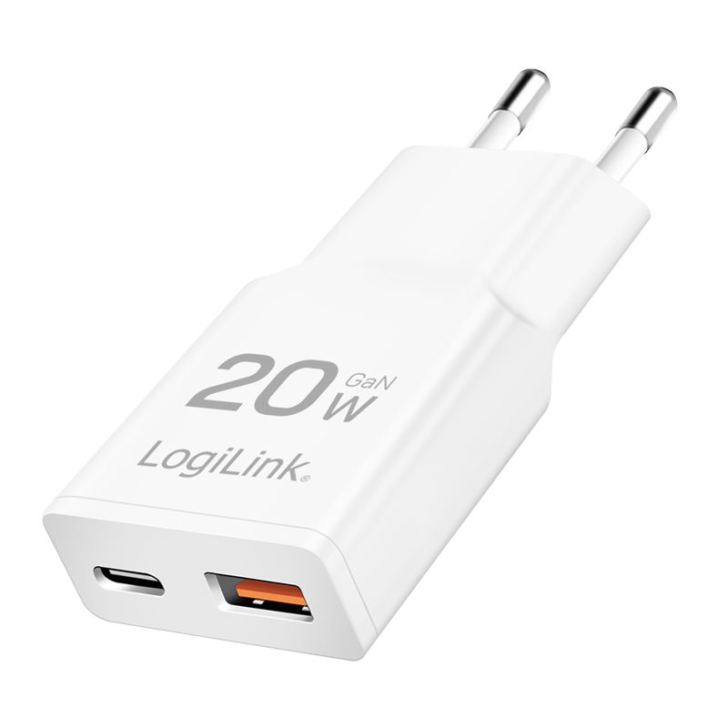 Logilink Dual-USB GaN charger 20W extra slim 1x USB-C (PD) 1x USB-A (QC) White