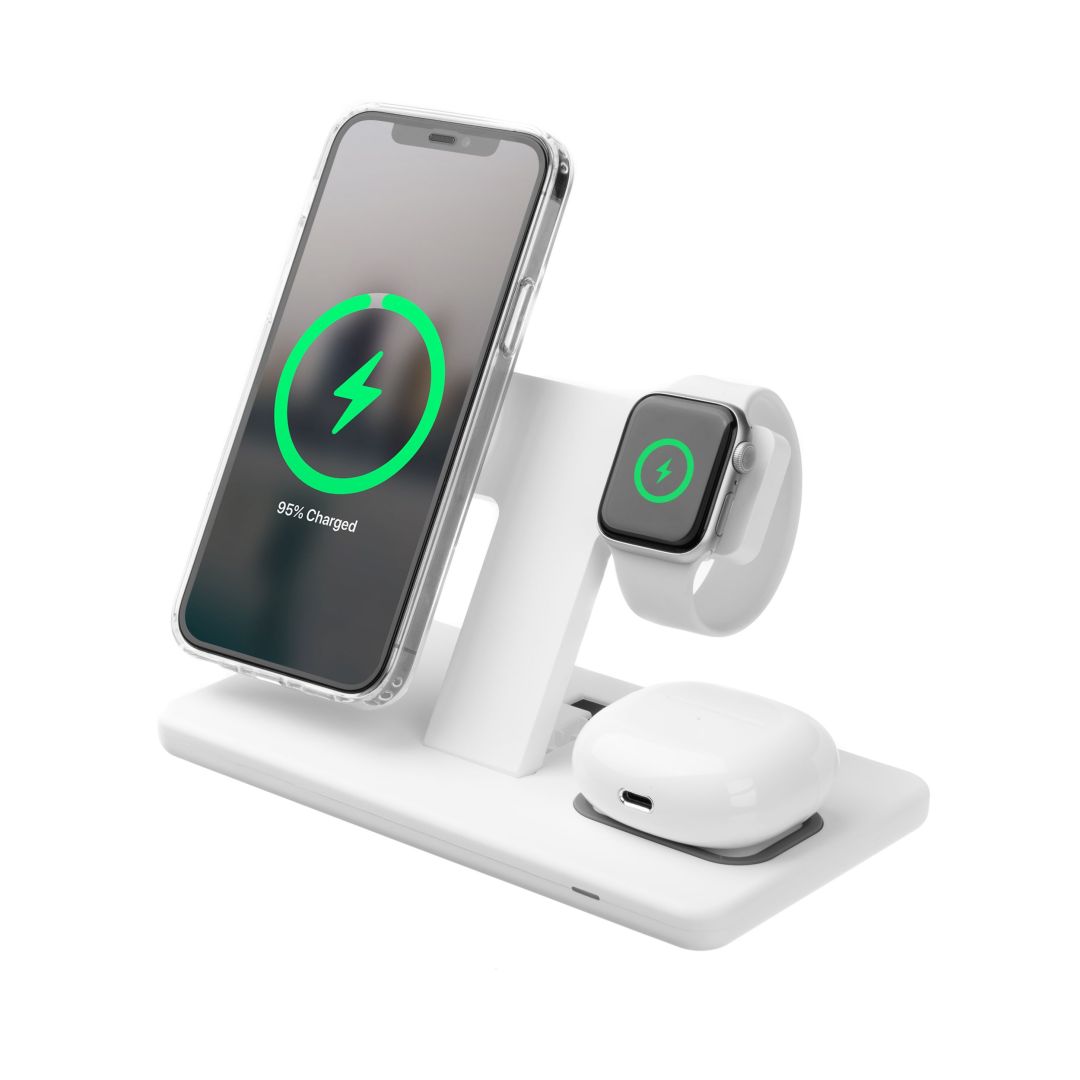 FIXED MagPowerstation 3 az 1-ben vezeték nélküli töltőállvány MagSafe tartozékokkal, fehér