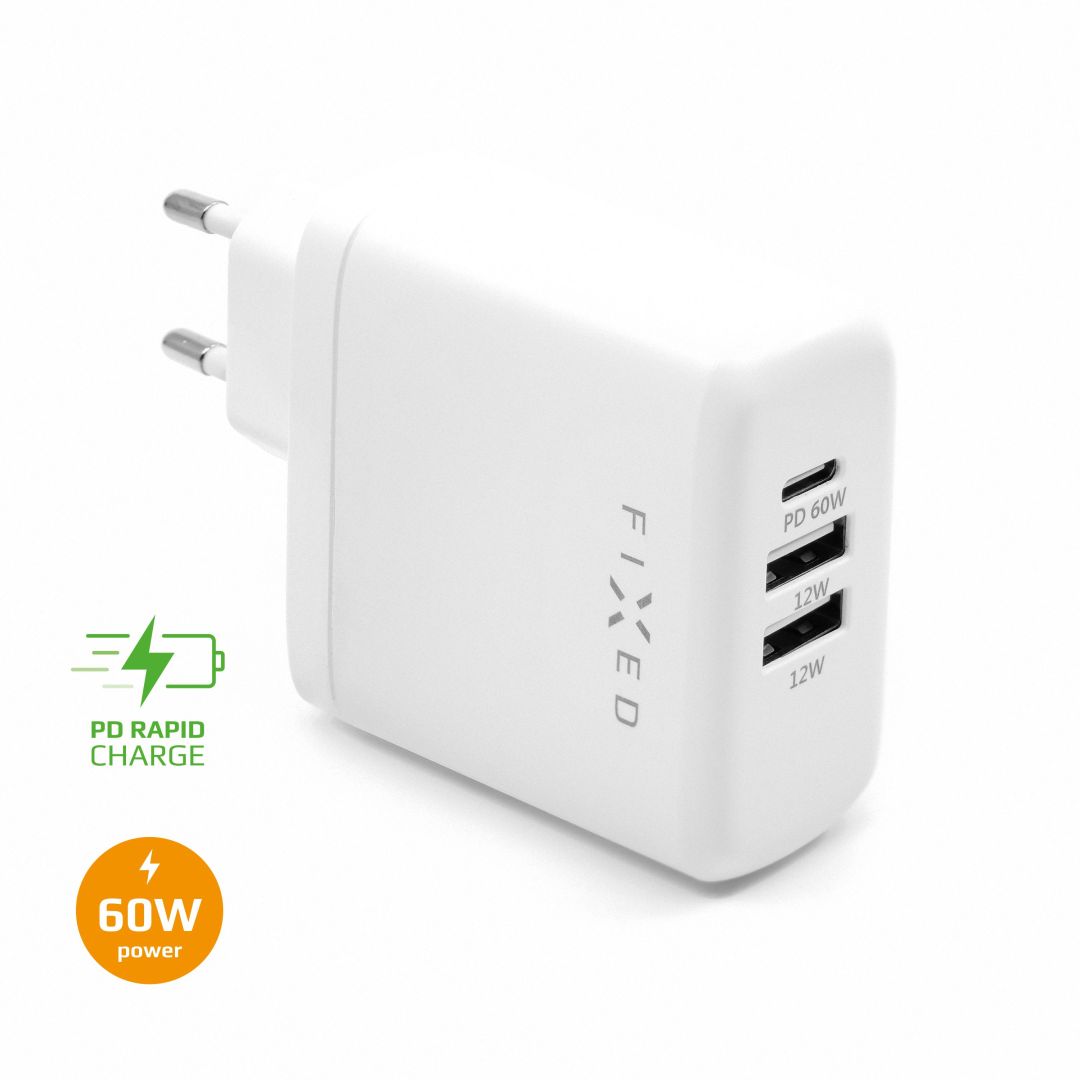FIXED Hálózati töltő USB-C-vel és 2xUSB kimenettel 60W, fehér