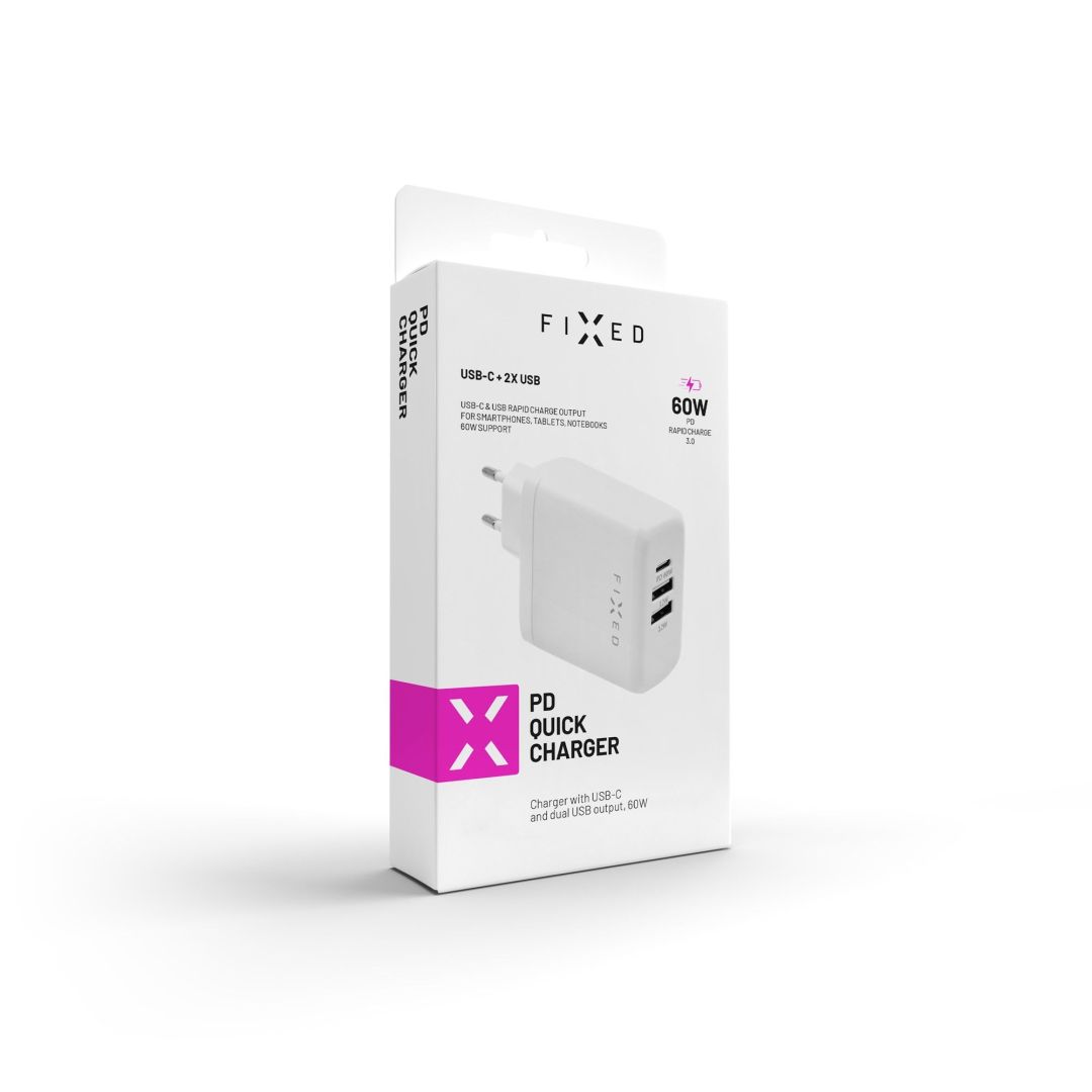 FIXED Hálózati töltő USB-C-vel és 2xUSB kimenettel 60W, fehér
