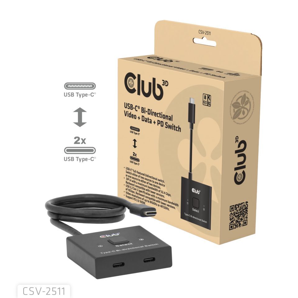 Club3D USB-C Bi-Directional Video + Data + PD Switch