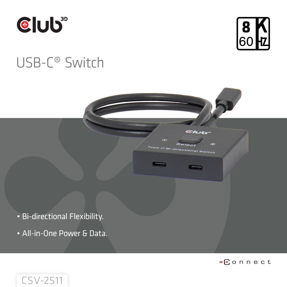 Club3D USB-C Bi-Directional Video + Data + PD Switch
