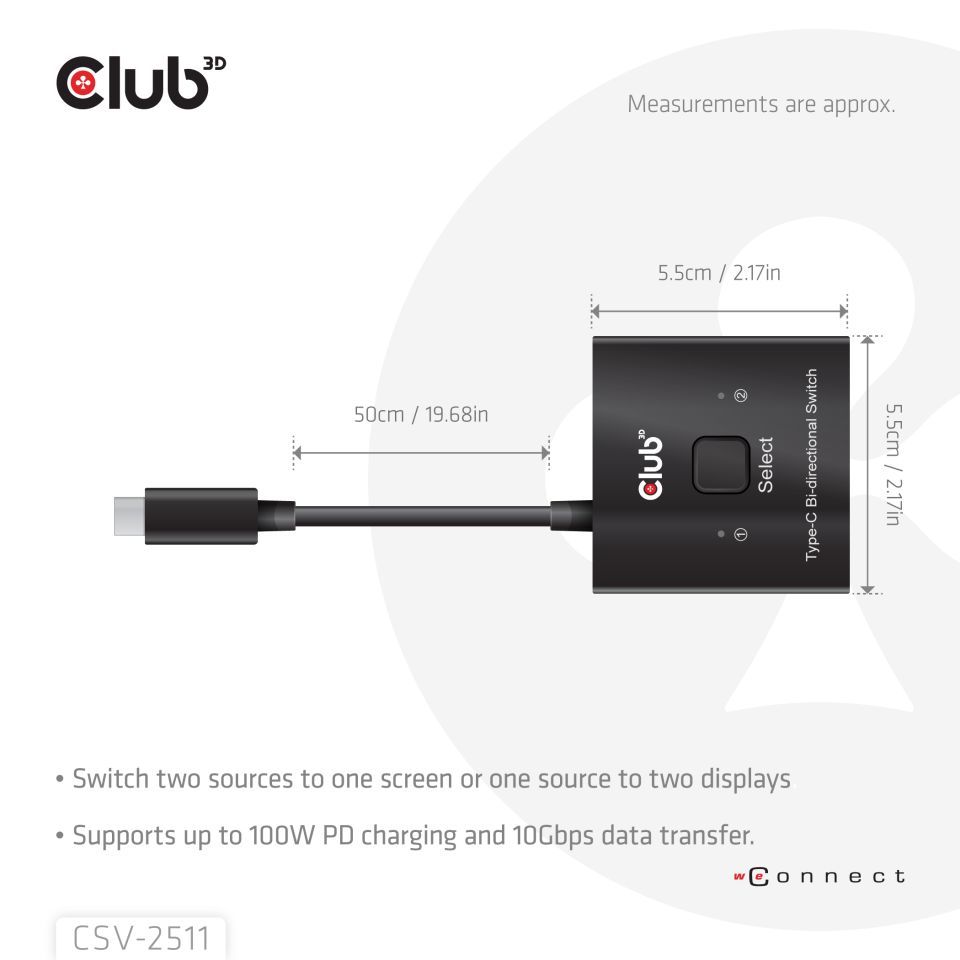 Club3D USB-C Bi-Directional Video + Data + PD Switch