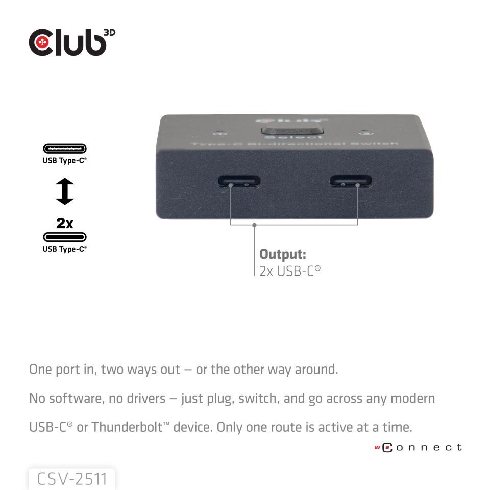 Club3D USB-C Bi-Directional Video + Data + PD Switch