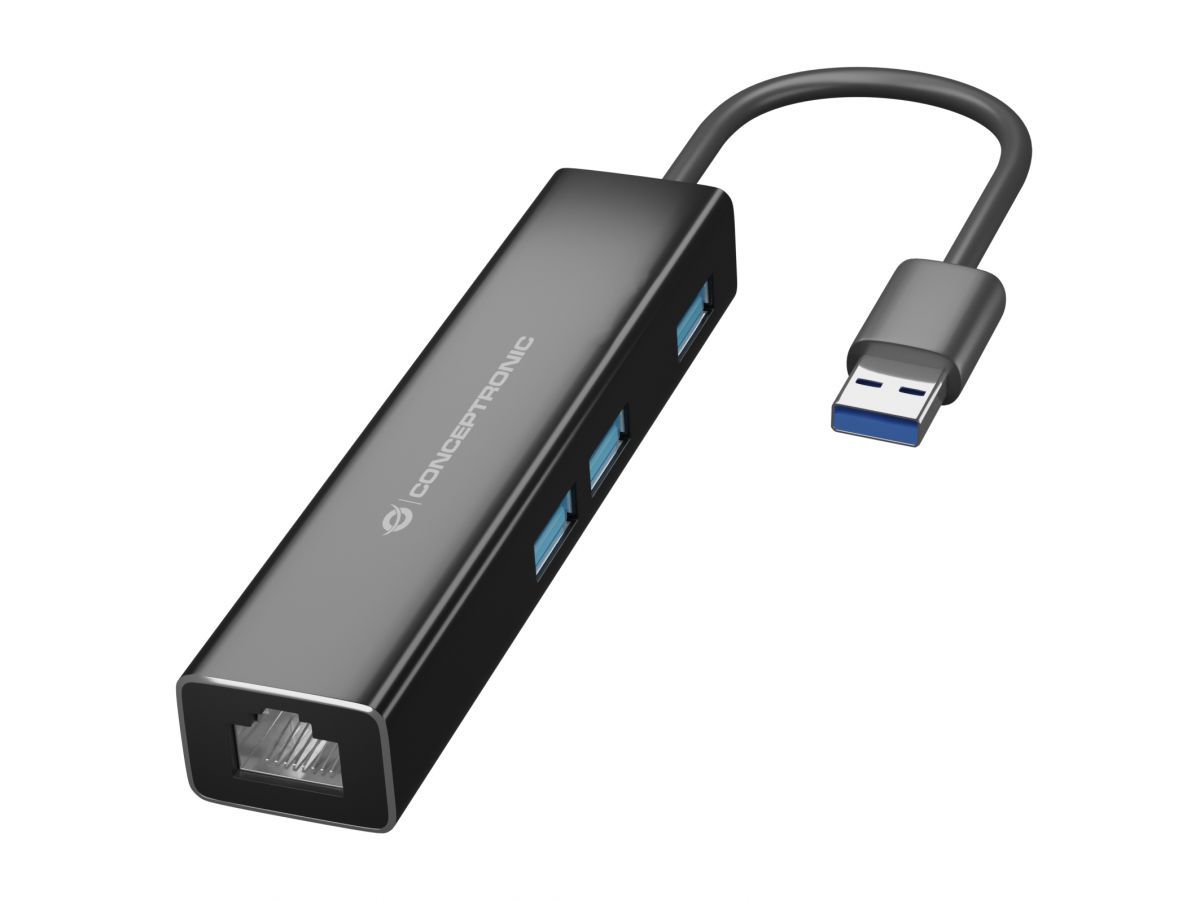 Conceptronic  DONN07BA USB to Gigabit Network Adapter with 3-Port USB Hub Black