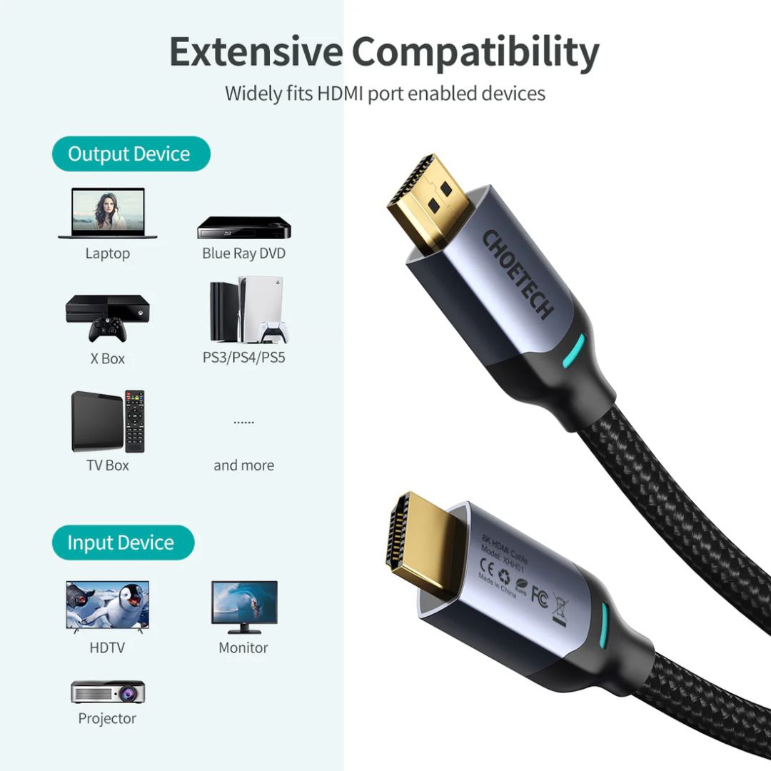 Choetech  XHH01 8K HDMI 2.1 Cable 8K@60Hz 48Gbps Braided Cable 2m Black