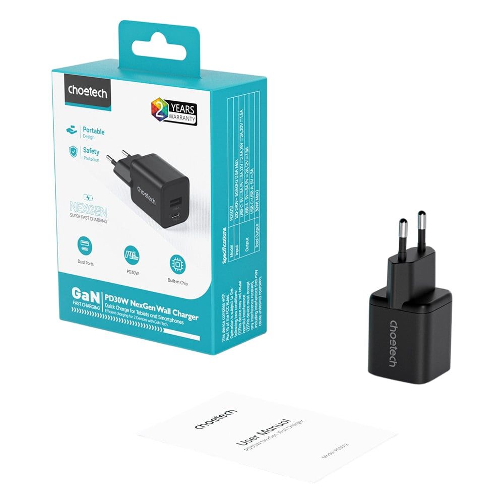 Choetech  PD5012 30W GaN PD Charger – USB-C Fast Charging Block Black