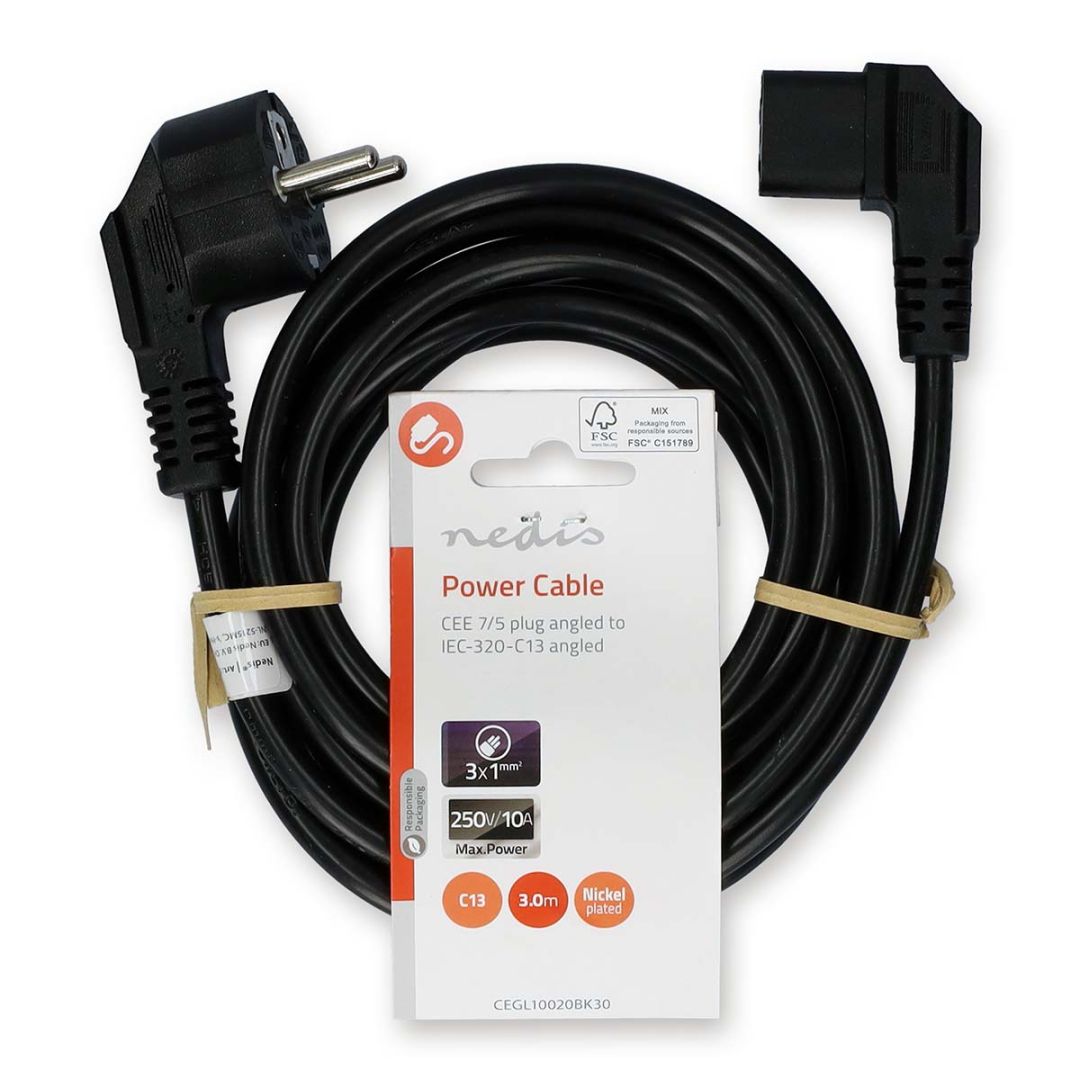 Nedis Power Cable Plug with earth contact male IEC-320-C13 Angled 3m Black