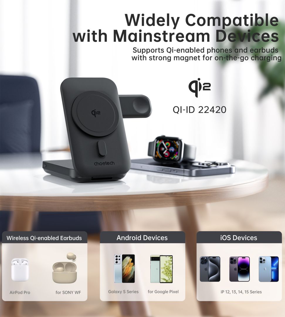 Choetech  B750 3in1 Fast Charging Qi2 MagLeap Wireless Charger & PowerBank Black