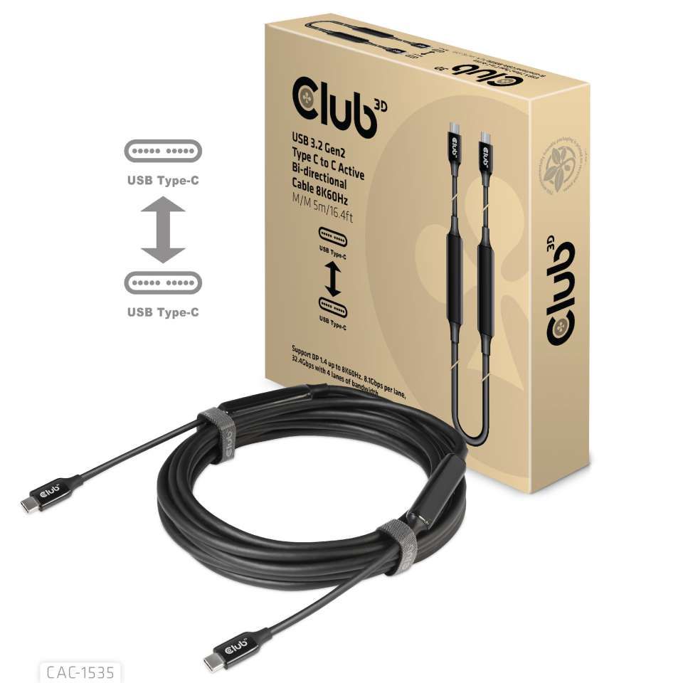 Club3D USB3.2 Gen2 Type-C to C Active Bi-directional Cable 8K60Hz M/M 5m Black