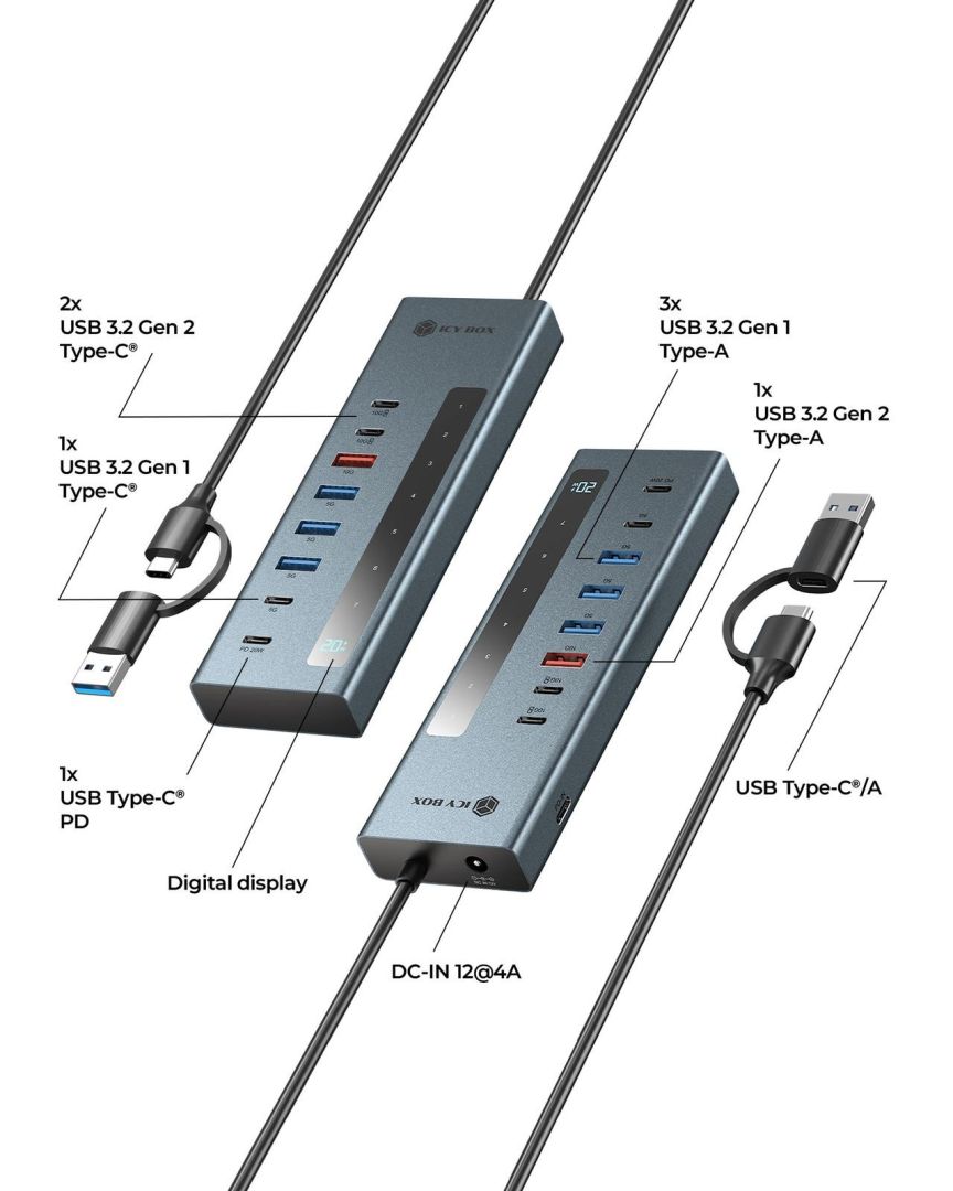 Raidsonic IcyBox IB-HUB1743-CPD 9-portos USB3.2 HUB Black