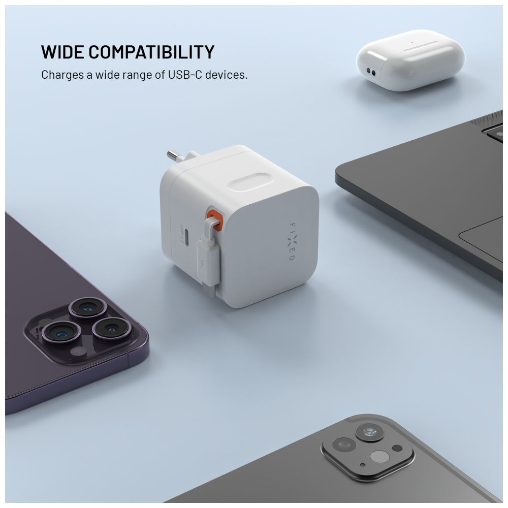 FIXED 2xUSB-C töltő visszahúzható kábellel, GaN PD 3.0 támogatással, 65W, fehér