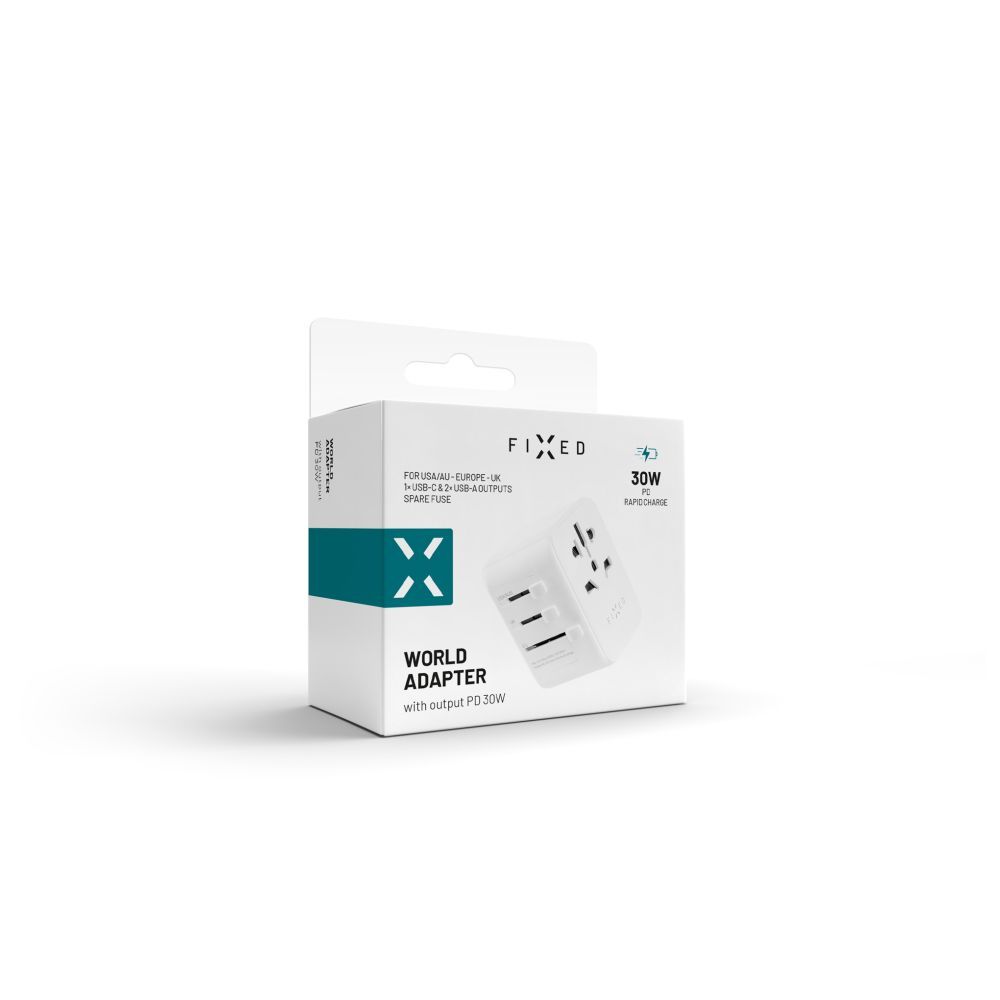 FIXED Utazóadapter EU, UK és USA/AUS számára, 1xUSB-C és 2xUSB kimenettel, GaN PD 30W, fehér