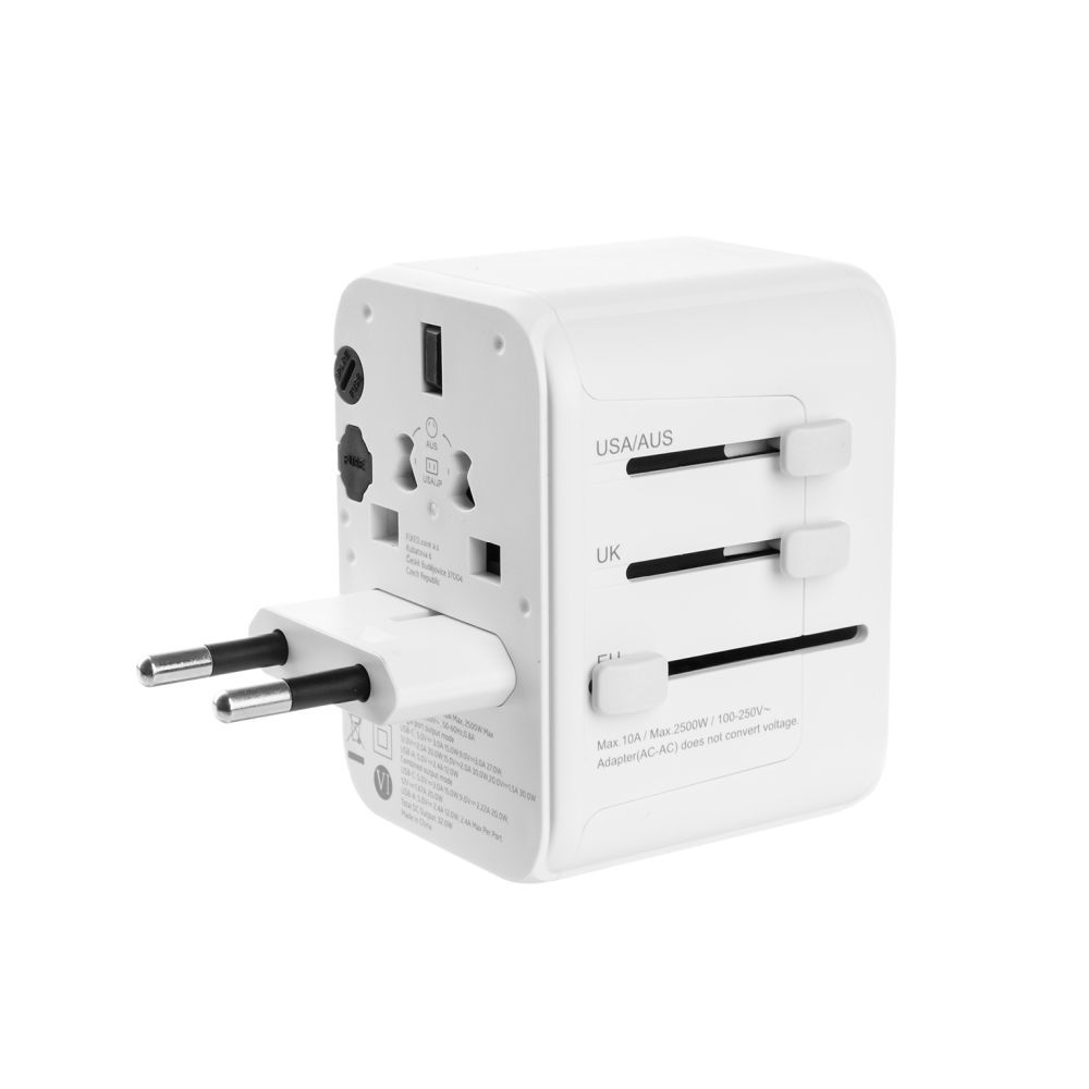 FIXED Utazóadapter EU, UK és USA/AUS számára, 1xUSB-C és 2xUSB kimenettel, GaN PD 30W, fehér