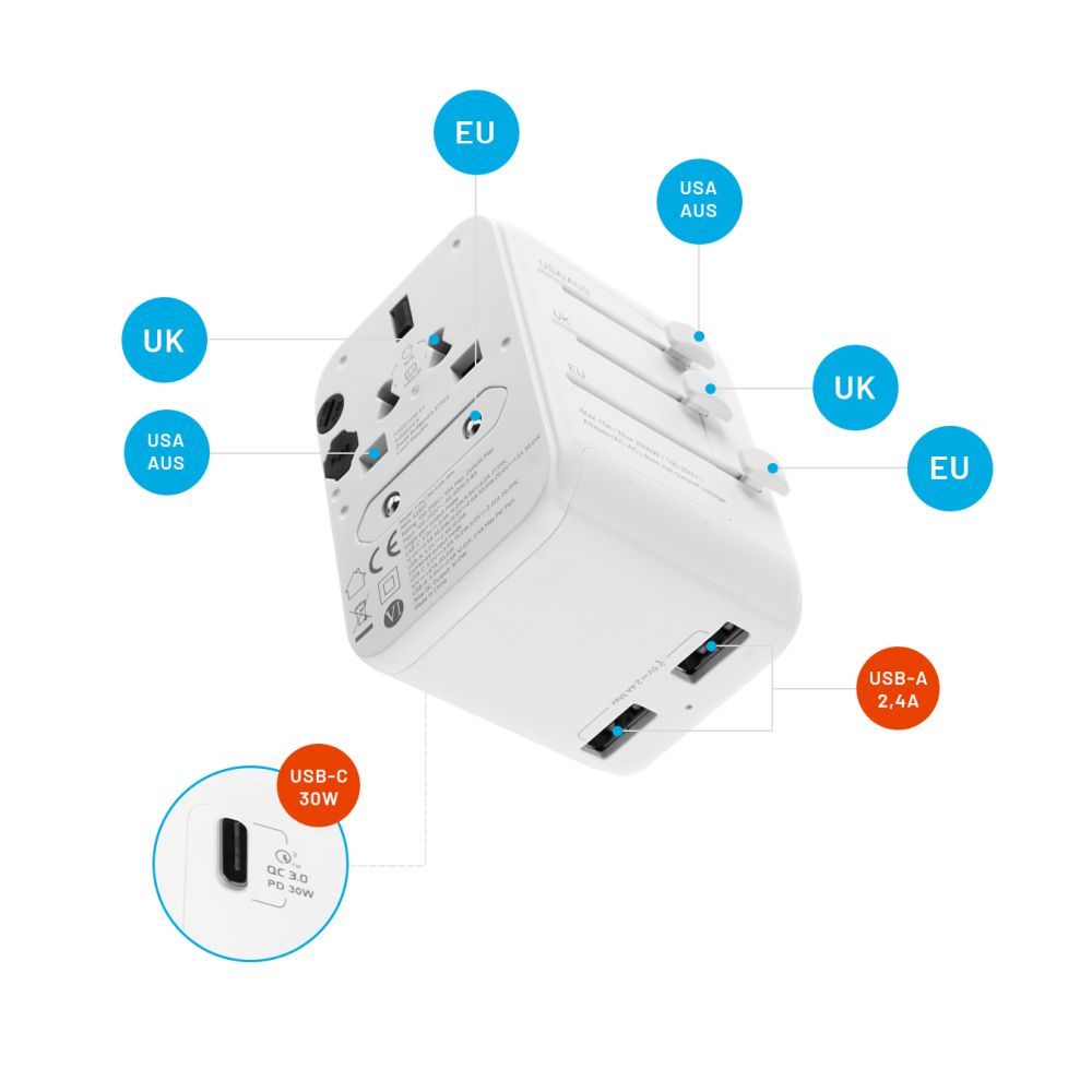 FIXED Utazóadapter EU, UK és USA/AUS számára, 1xUSB-C és 2xUSB kimenettel, GaN PD 30W, fehér