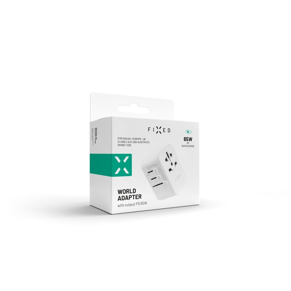 FIXED Utazóadapter EU, UK és USA/AUS számára 3xUSB-C és 2xUSB kimenettel, GaN PD 65W, fehér