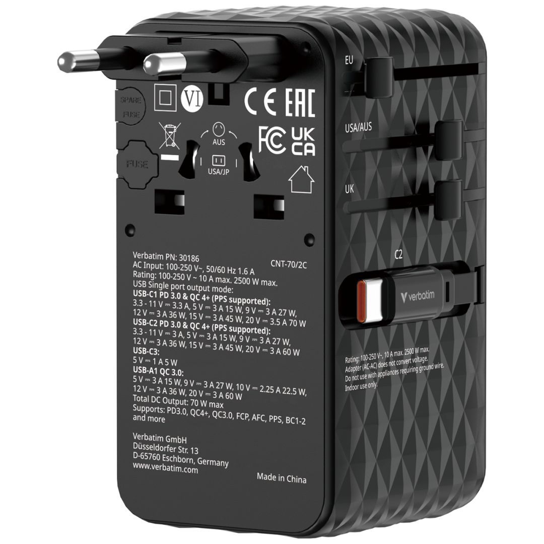 Verbatim Charge ''n'' Travel 70W GaN III Universal Travel Adapter with 2 Retractable USB-C Cables Black