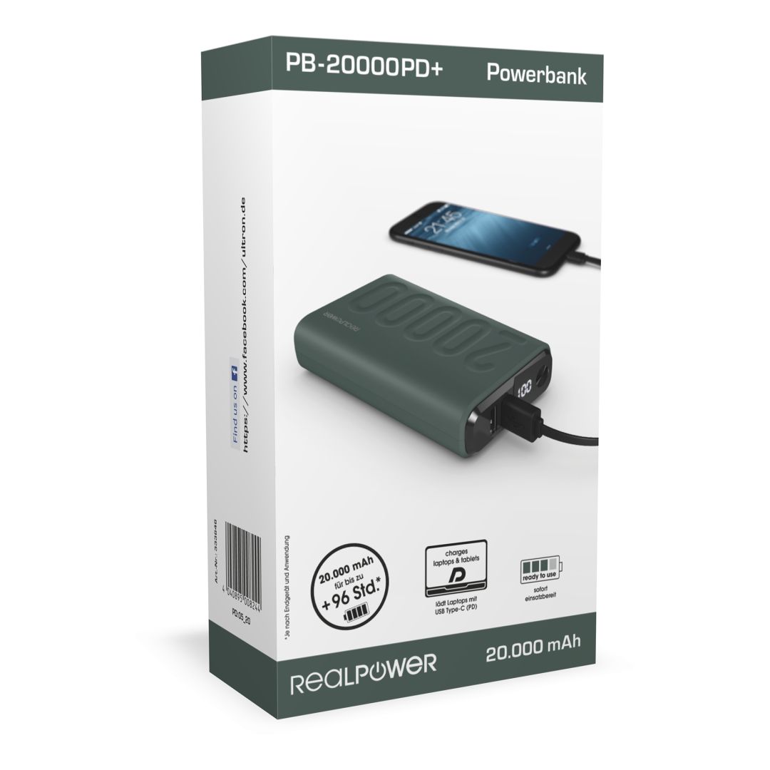 Realpower PB-20000 PD+ 20000mAh PowerBank Midnight Green