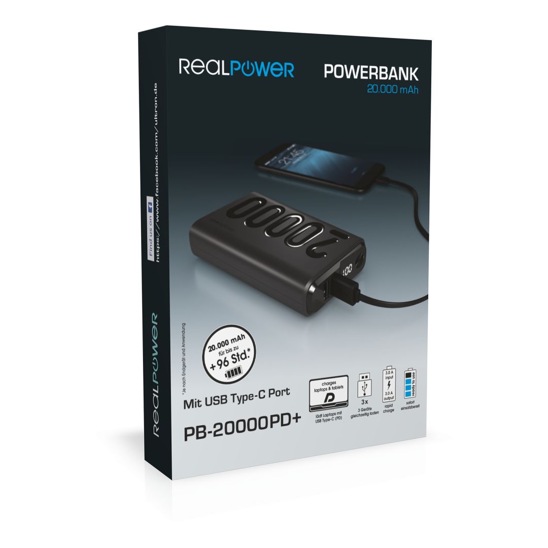 Realpower PB-20000 PD+ 20000mAh PowerBank Black