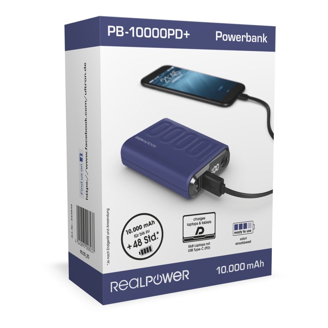 Realpower PB-10000 PD+ 10000mAh PowerBank Navy Blue