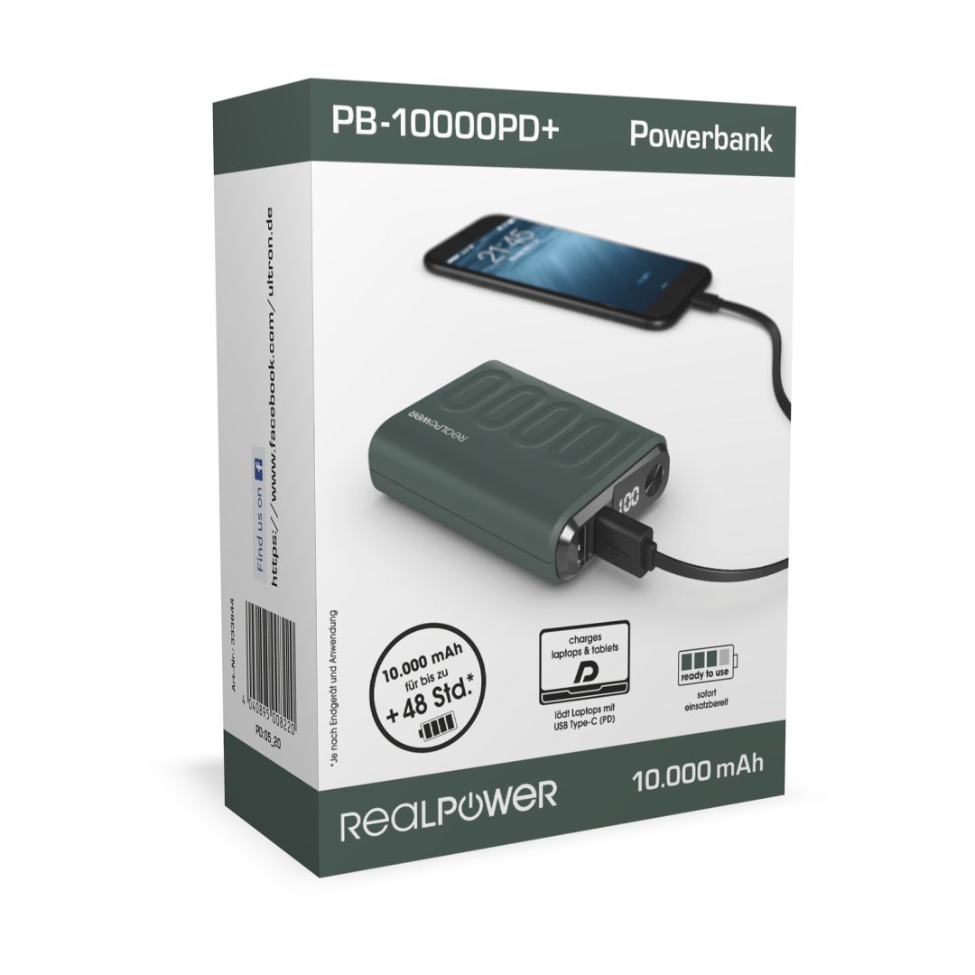 Realpower PB-10000 PD+ 10000mAh PowerBank Midnight Green