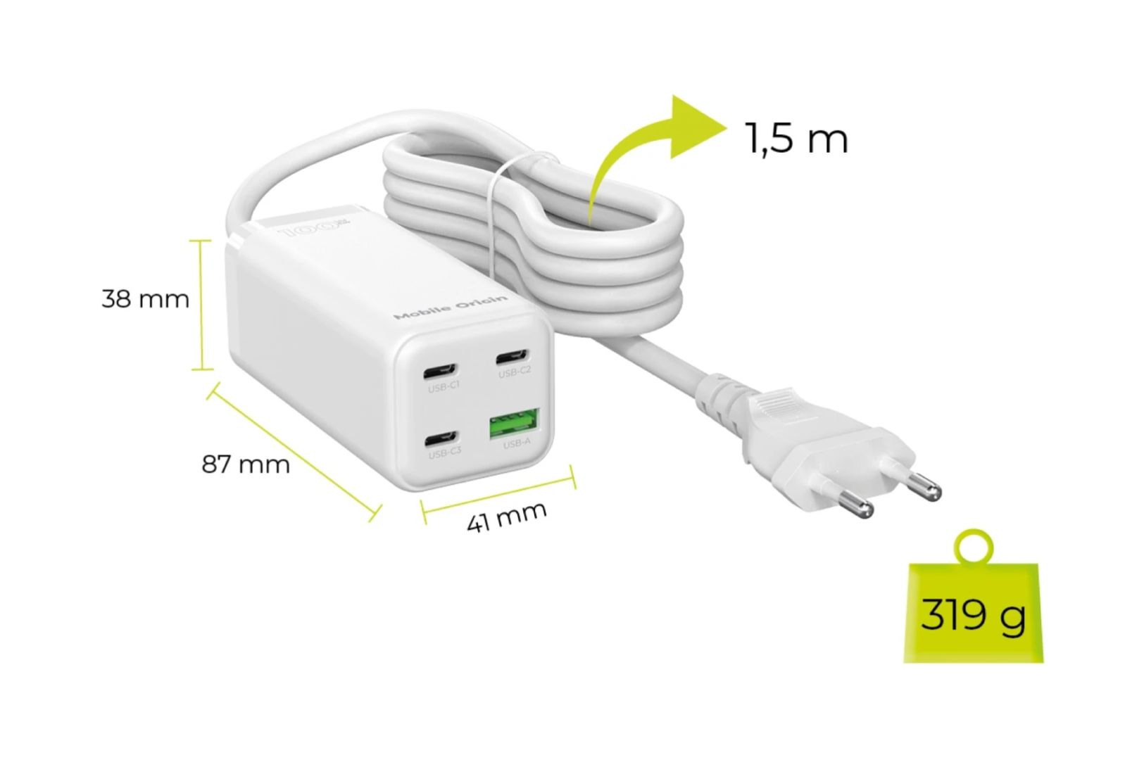 Mobile Origin GaN 100W Compact MultiHub Charger PW18 with 3x USB-C + USB-A