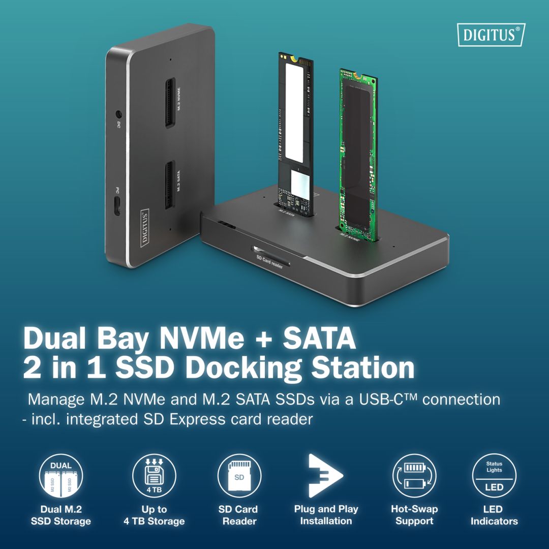 Digitus M.2 NVMe + M.2 SATA SSD Docking Station with SD Express Card Reader USB-C Black