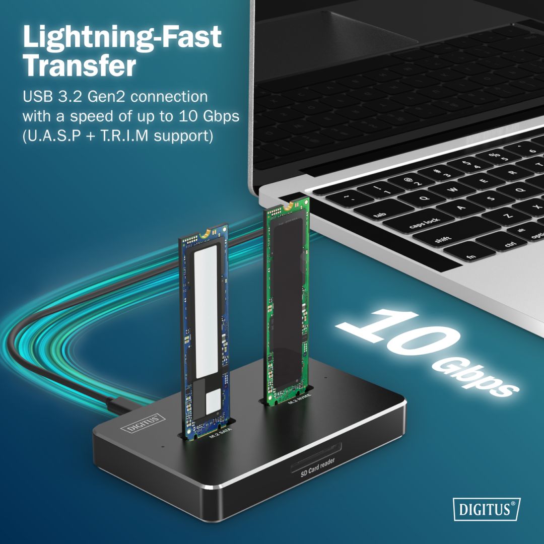 Digitus M.2 NVMe + M.2 SATA SSD Docking Station with SD Express Card Reader USB-C Black