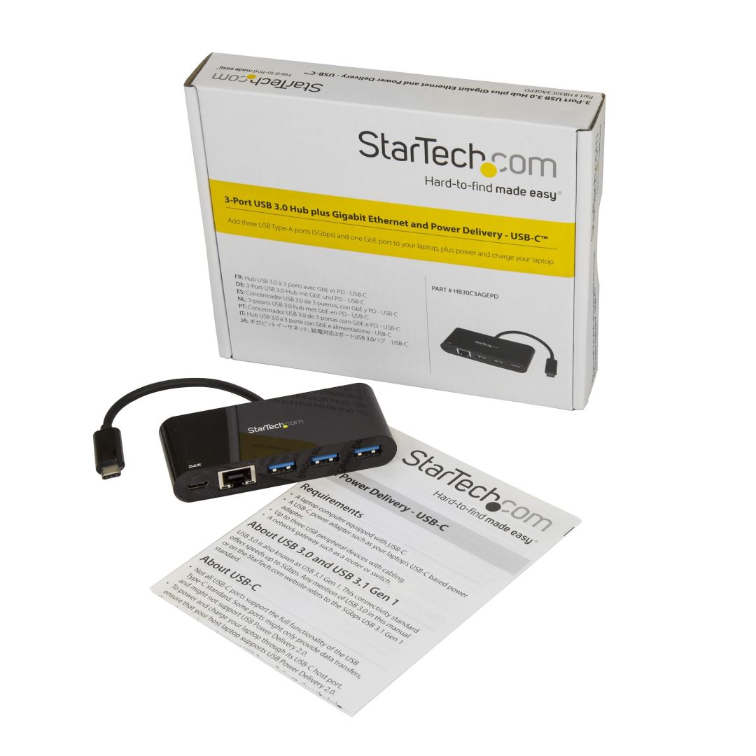 Startech 3 Port USB-C Hub with Gigabit Ethernet & 60W Power Delivery Passthrough Laptop Charging