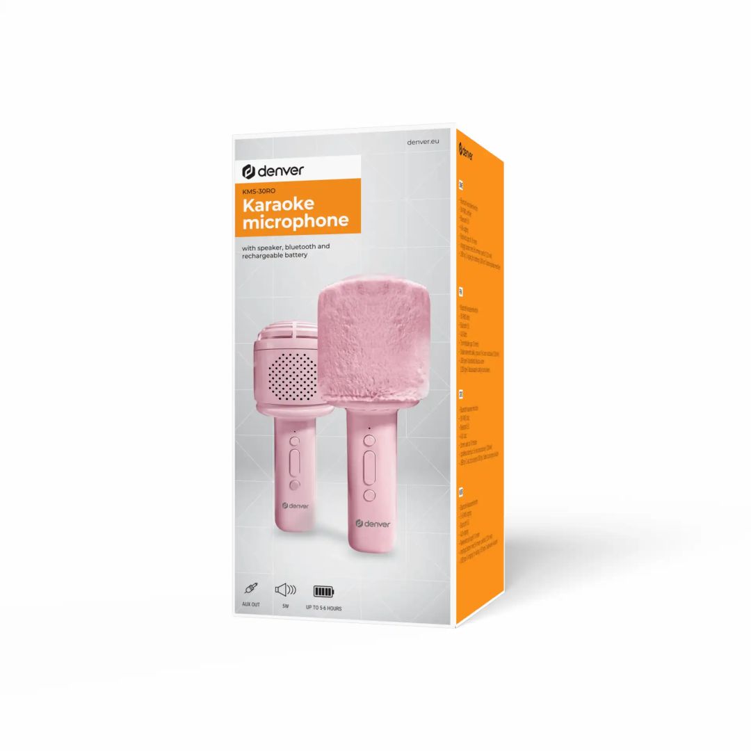 Denver KMS-30RO Bluetooth Karaoke Microphone Speaker with fluffy top Rose