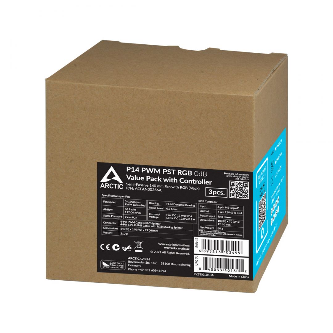 Arctic P14 PWM PST RGB 0dB Value Pack with Controller (3db/cs) Black