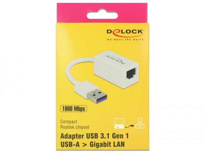 DeLock SuperSpeed USB3.2 Type-A male > Gigabit LAN 10/100/1000 Mbps compact Adapter White