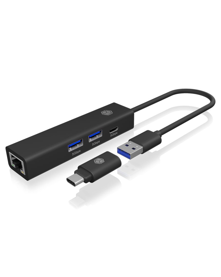 Raidsonic IcyBox IB-HUB1439-LAN 4-Port hub with USB3.2 Gen 1 Type-A or Type-C interface Black