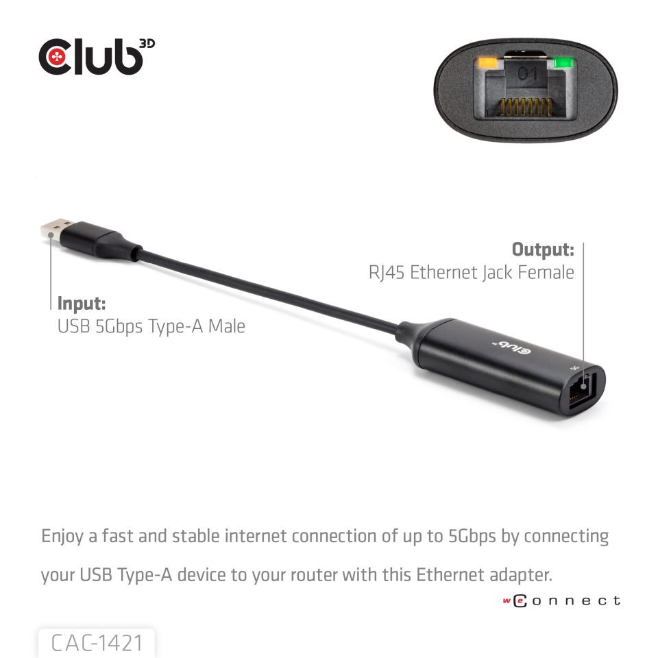 Club3D USB 5Gbps Type-A to RJ45 Ethernet Adapter M/F