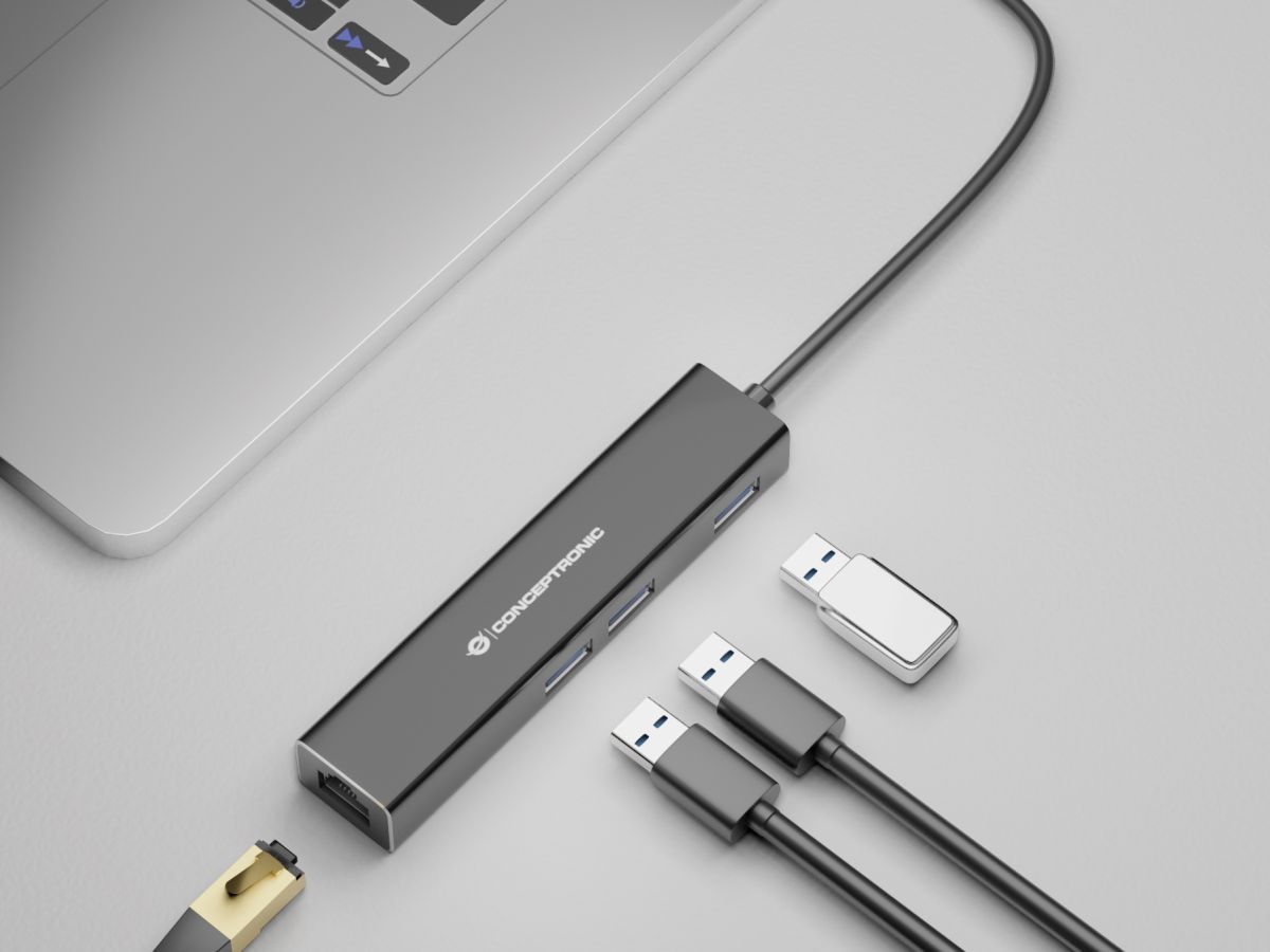 Conceptronic  DONN07BA USB to Gigabit Network Adapter with 3-Port USB Hub Black