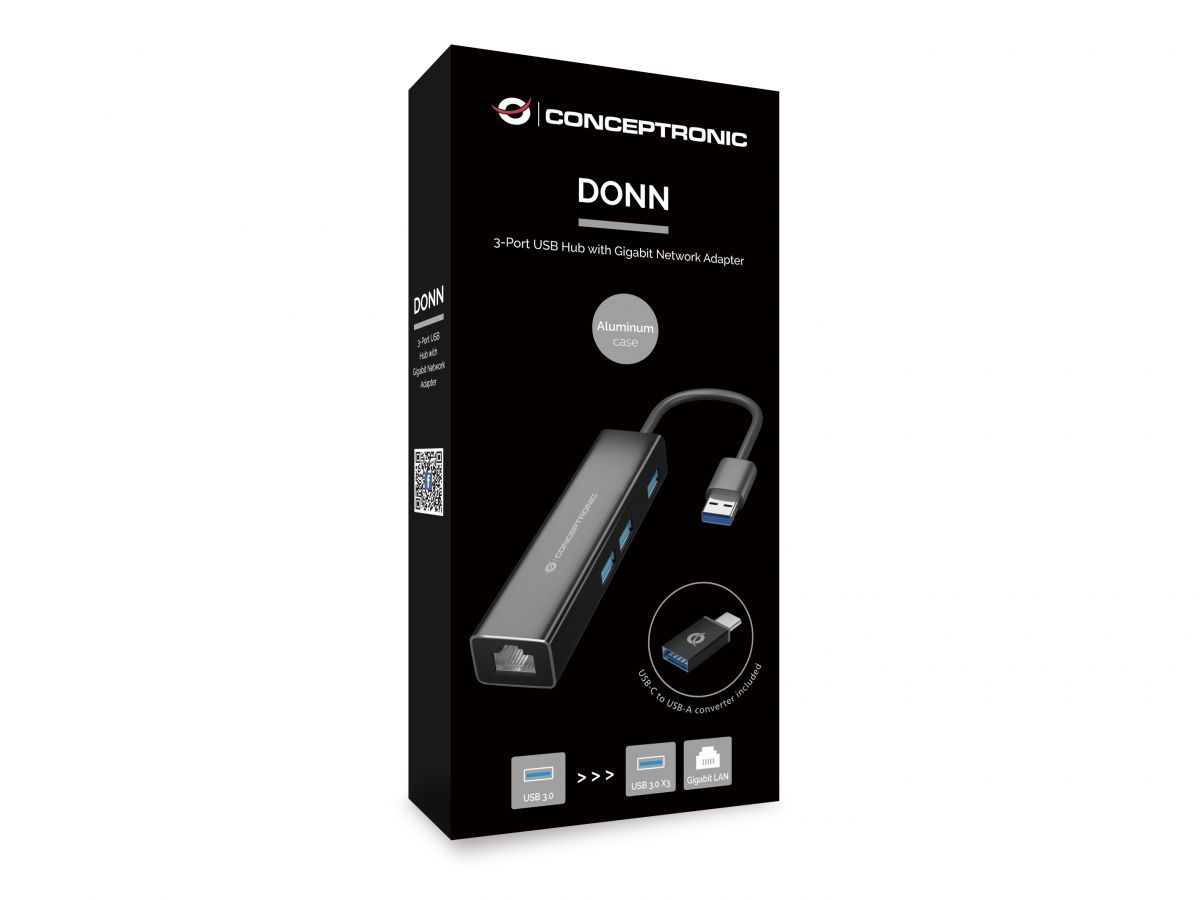 Conceptronic  DONN07BA USB to Gigabit Network Adapter with 3-Port USB Hub Black
