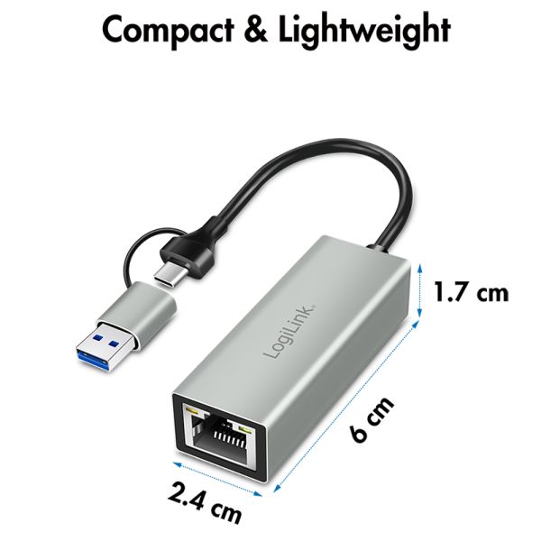 Logilink USB-C to Gigabit Ethernet Adapter with 2-in-1 USB Connection Grey