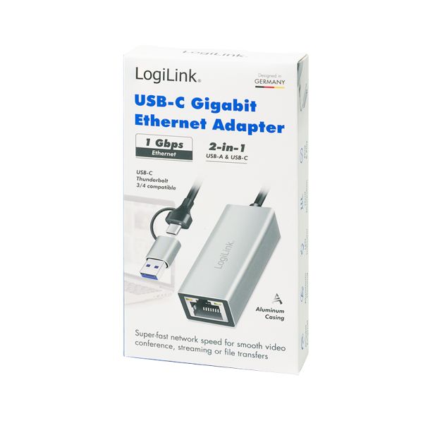 Logilink USB-C to Gigabit Ethernet Adapter with 2-in-1 USB Connection Grey