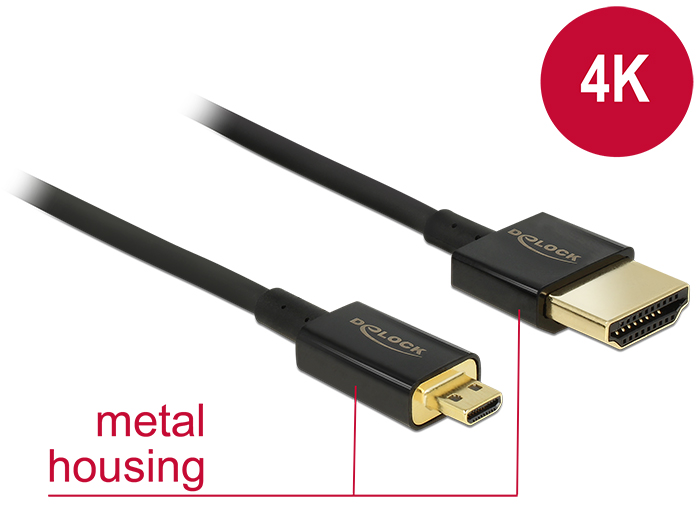 DeLock Cable High Speed HDMI with Ethernet - HDMI-A male > HDMI Micro-D male 3D 4K 1 m Slim High Quality