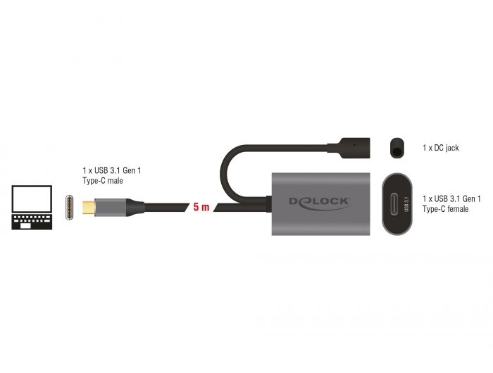 DeLock Active USB 3.1 Gen 1 extension cable USB Type-C 5m Black