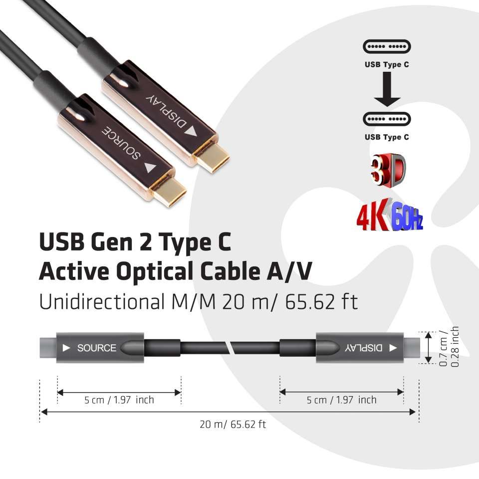 Club3D USB Gen 2 Type C 4K60Hz Active Optical Cable A/V Unidirectional M/M 20m Black