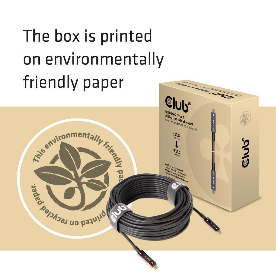 Club3D USB Gen 2 Type C 4K60Hz Active Optical Cable A/V Unidirectional M/M 20m Black