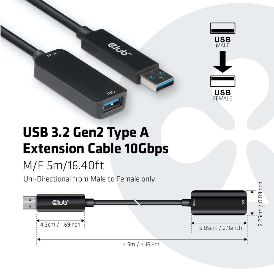 Club3D USB3.2 Gen2 Type A Extension Cable 10Gbps M/F 5m Black
