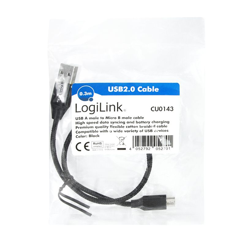 Logilink CU0143 USB 2.0 cable USB-A/M to Micro-USB/M (90°) 0,3m Black