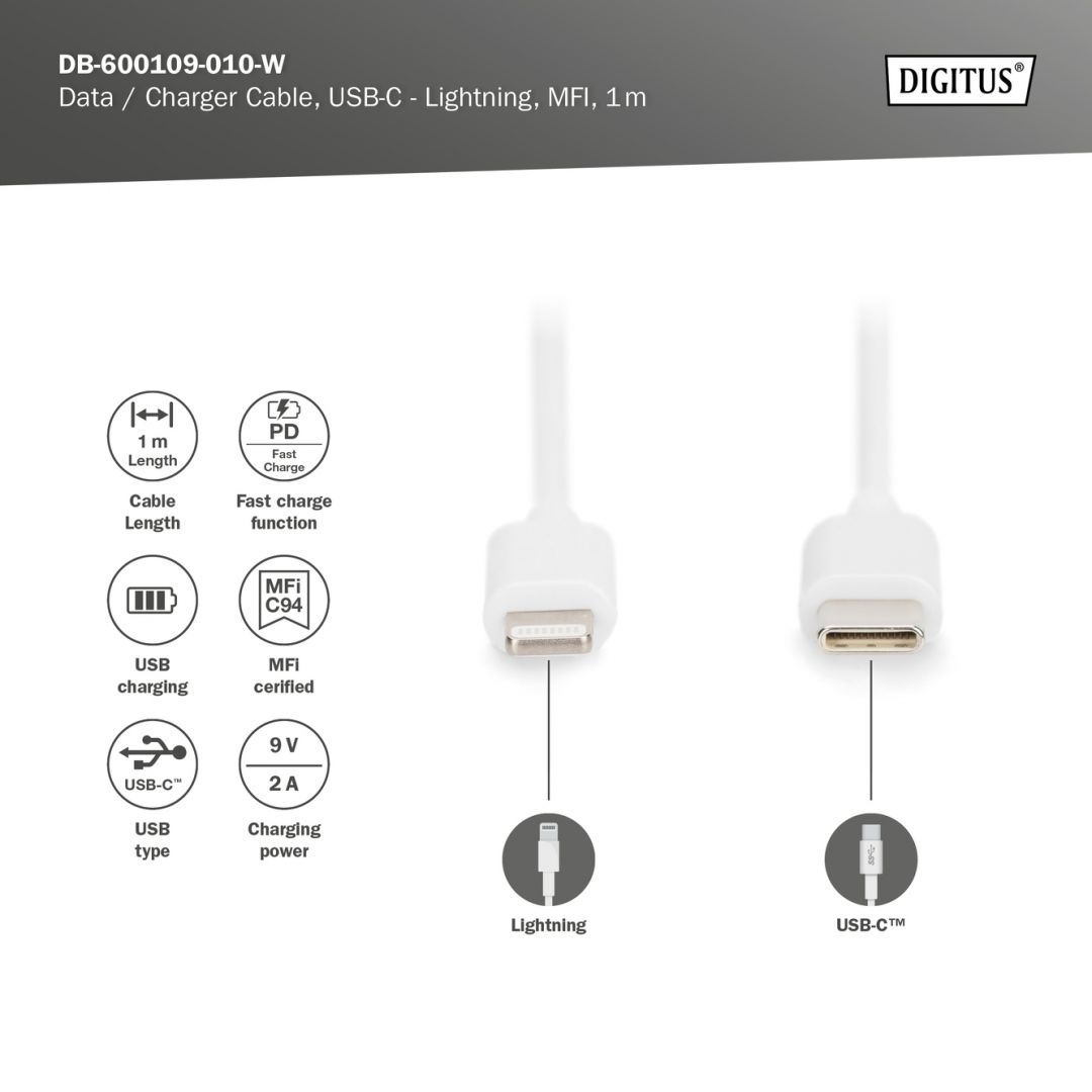 Digitus Data / Charger Cable USB-C - Lightning MFI 1m White