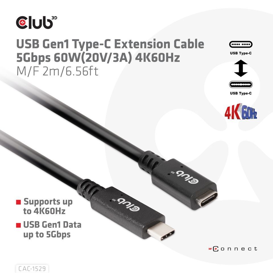 Club3D USB Gen1 Type-C Extension cable 2m Black