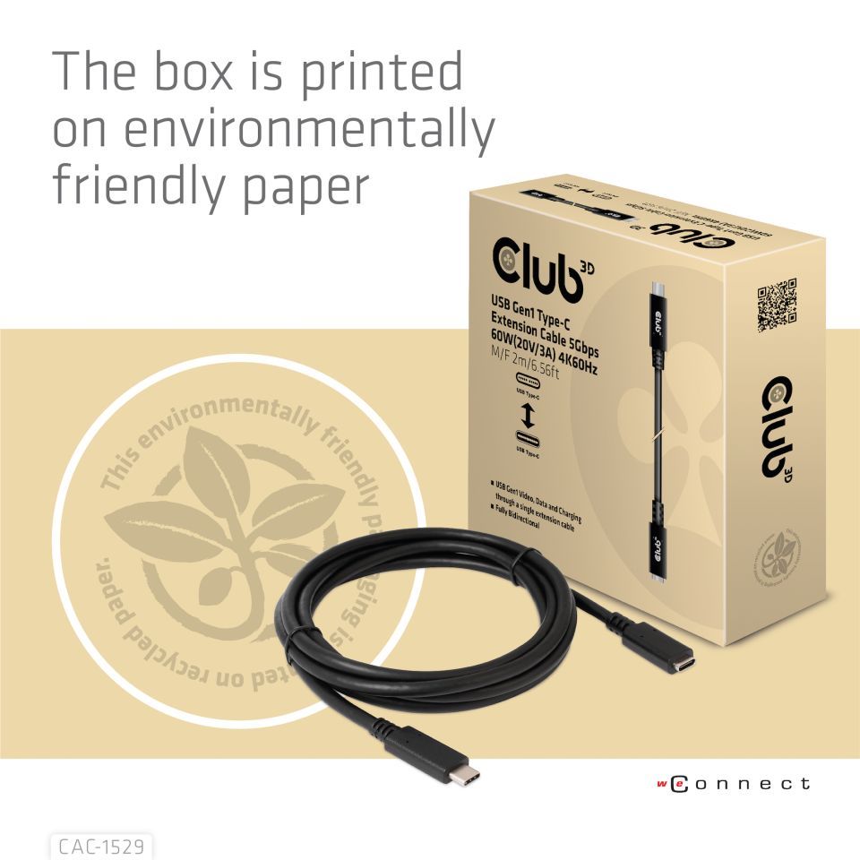 Club3D USB Gen1 Type-C Extension cable 2m Black