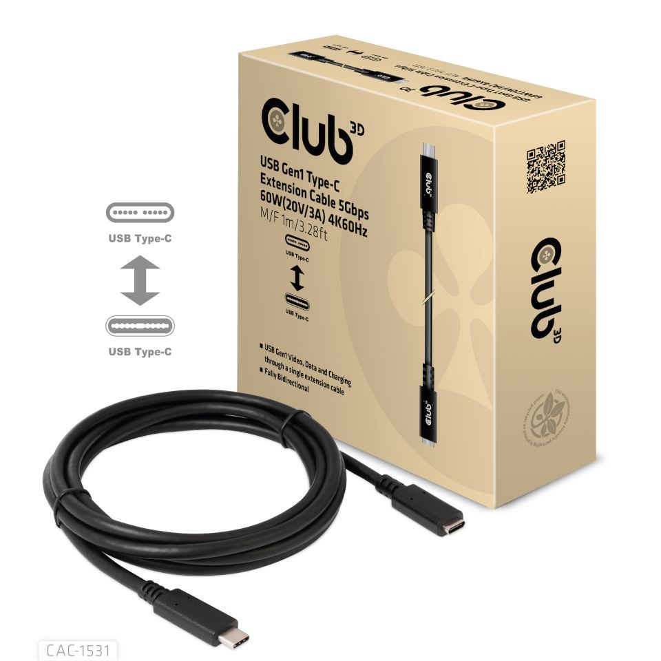Club3D USB Gen1 Type-C Extension cable 1m Black