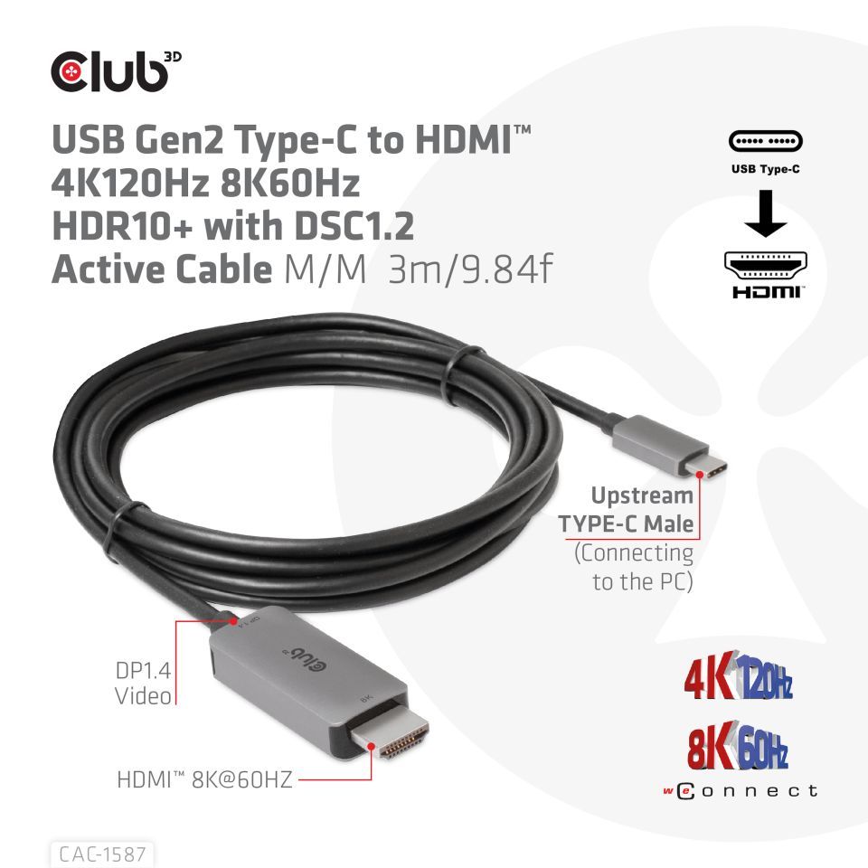 Club3D USB Gen2 Type-C to HDMI cable 3m Black